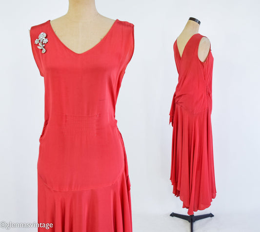 1930s Red Silk Crepe Evening Dress, Gatsby Party Gown, Small