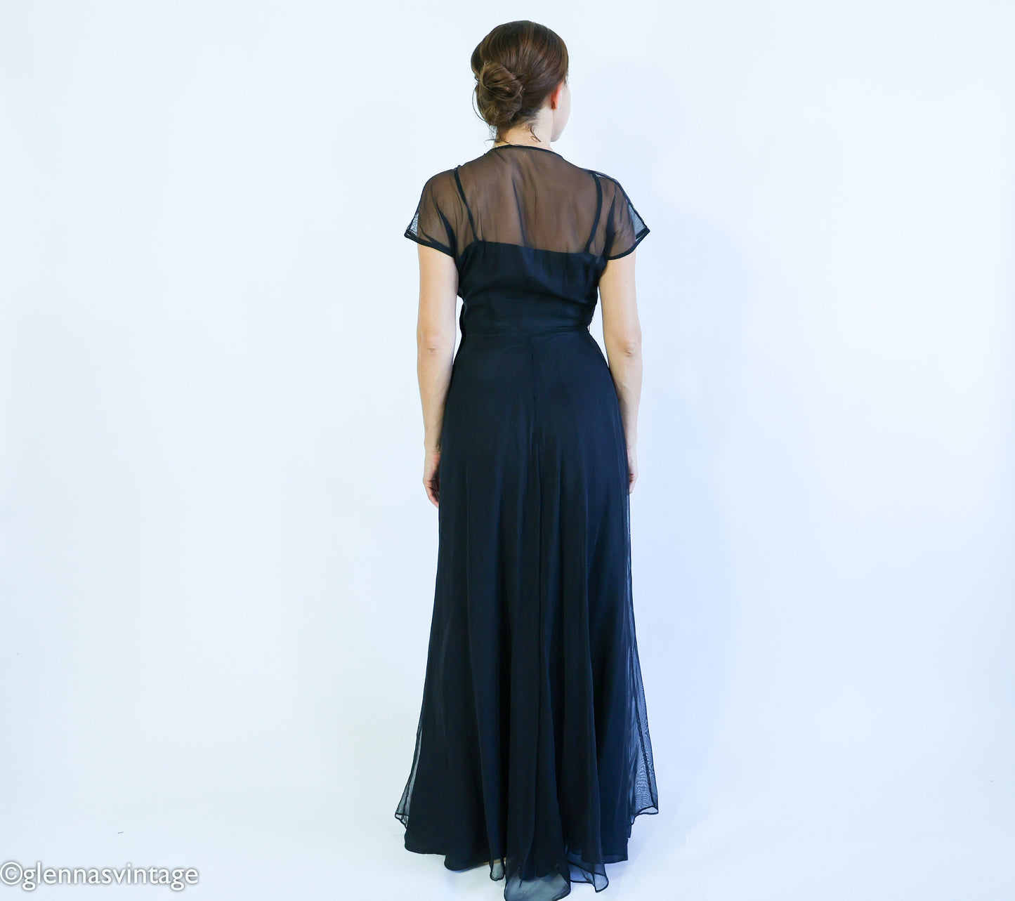 1940s Black Crepe Evening  Dress | 40s Black Sheer Sequin Formal Dress l Medium