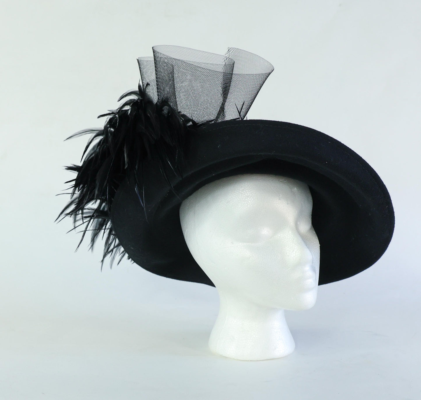 1980s Black Wide Brim Feather Hat