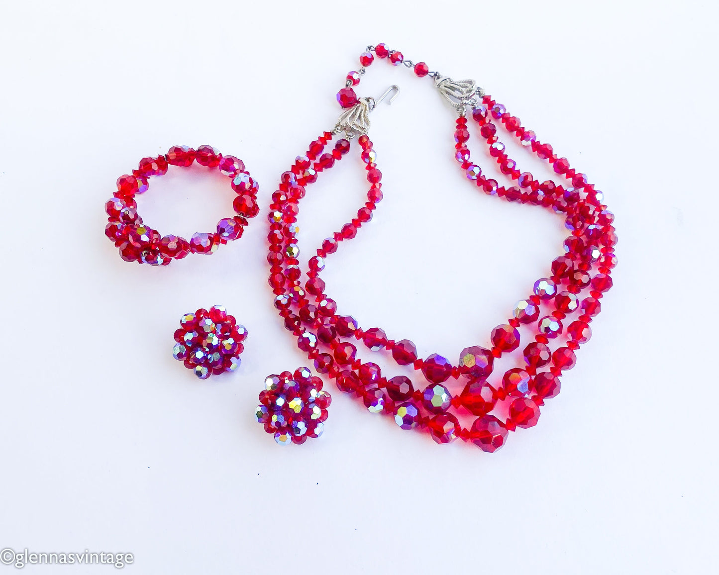 1950s Red Aurora Borealis Crystal Necklace Bracelet Earrings Set, Parure Jewelry set