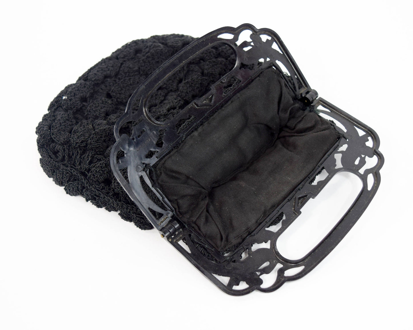 1940s Black Crochet Purse | Black Evening Bag | Carved Plastic Handle