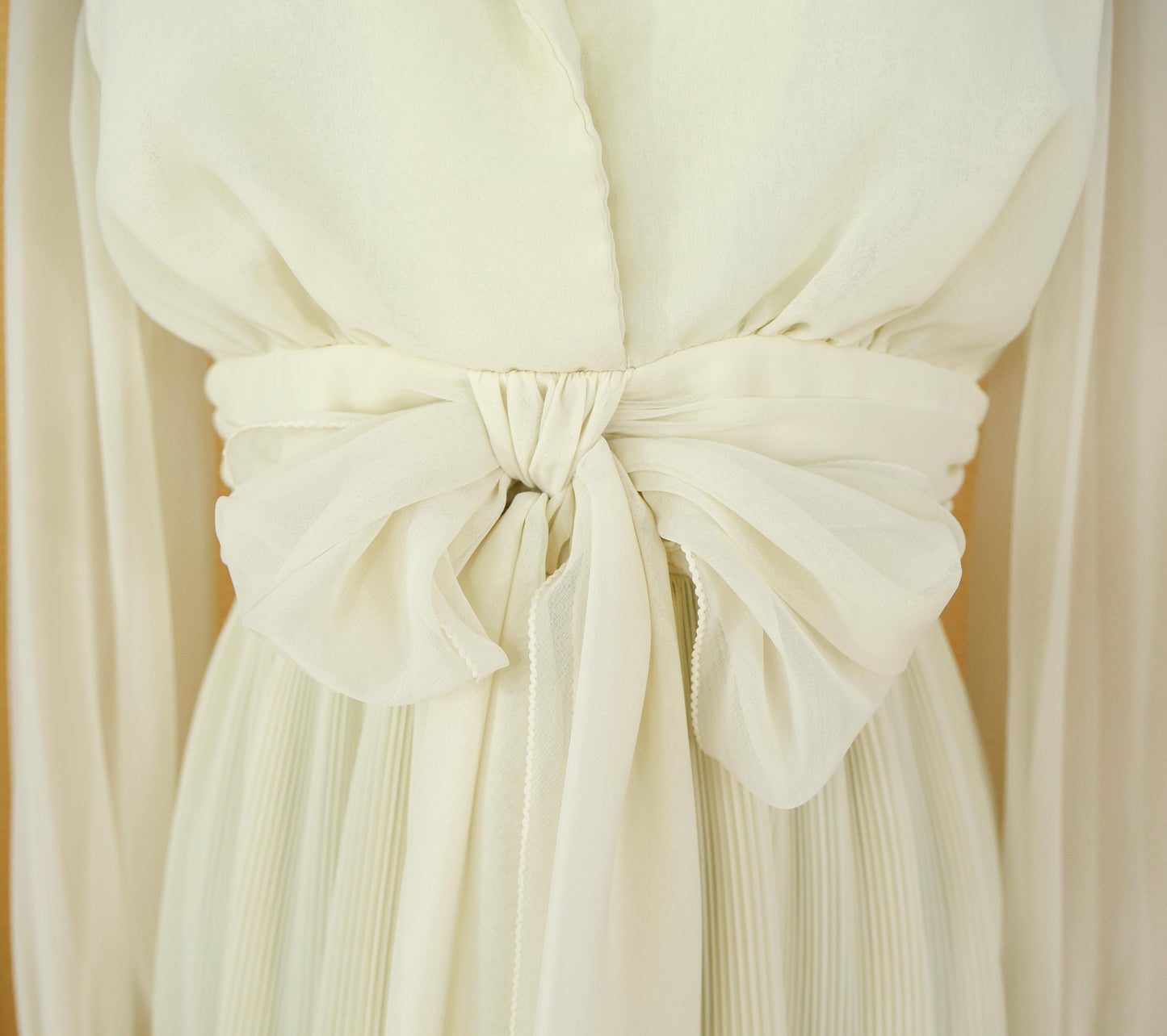 1970s Ivory Chiffon Wedding Dress, Romantic Pleated Maxi Gown, Small