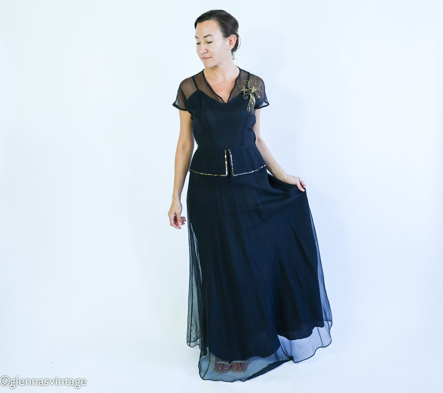 1940s Black Crepe Evening  Dress | 40s Black Sheer Sequin Formal Dress l Medium