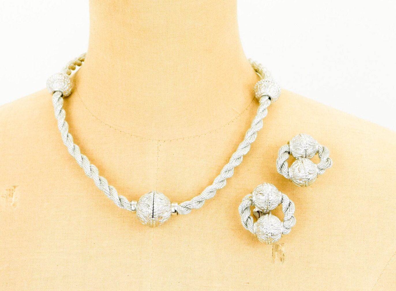 Vintage Mosell Silver Metal Necklace & Earrings Set | 1960s Choker