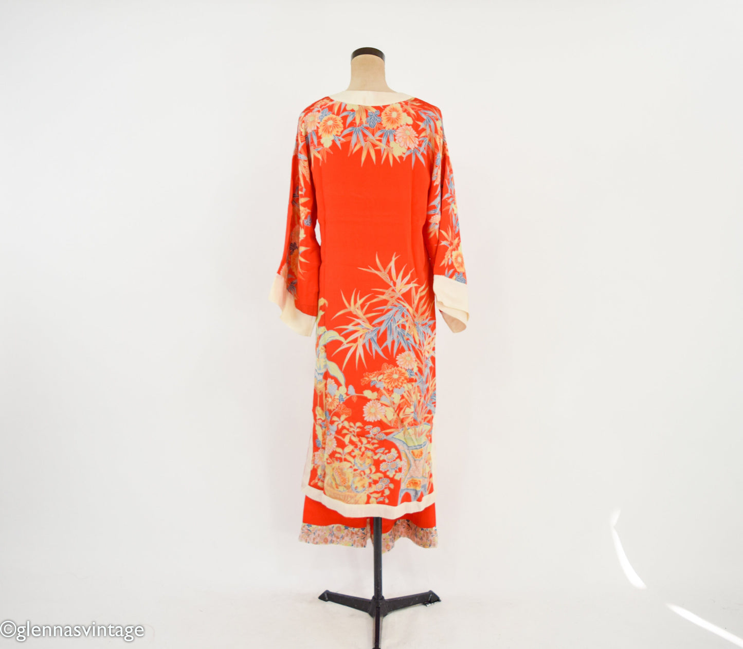 1940s Orange Print Silk Robe and Pajama Set, Large