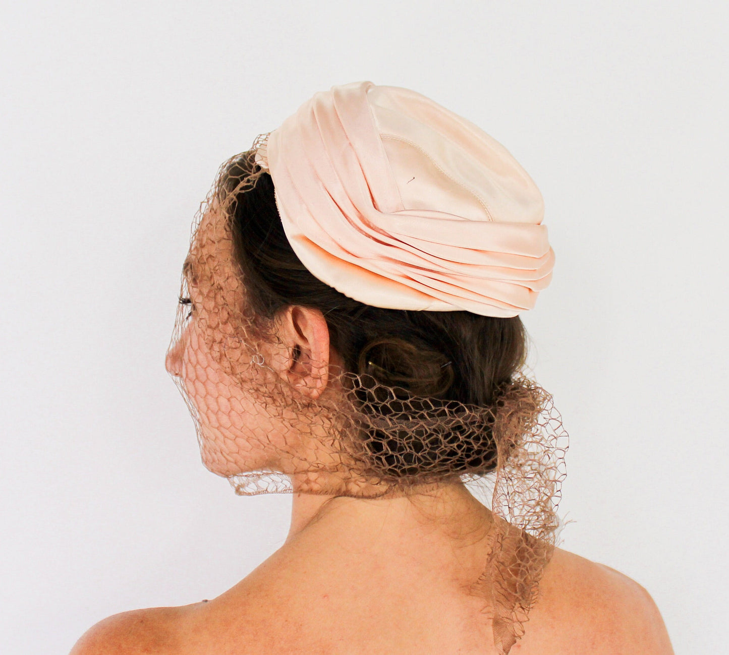 1950s Peach Satin Veil Hat, Bridal Hat