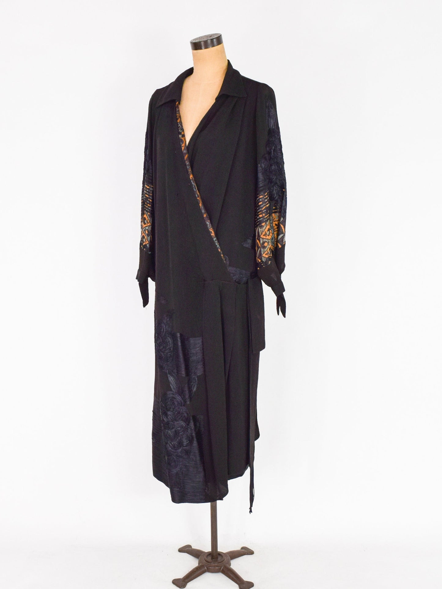 1900s Black Embroidered Crepe Wrap Dress, Downton Abbey Style, Large
