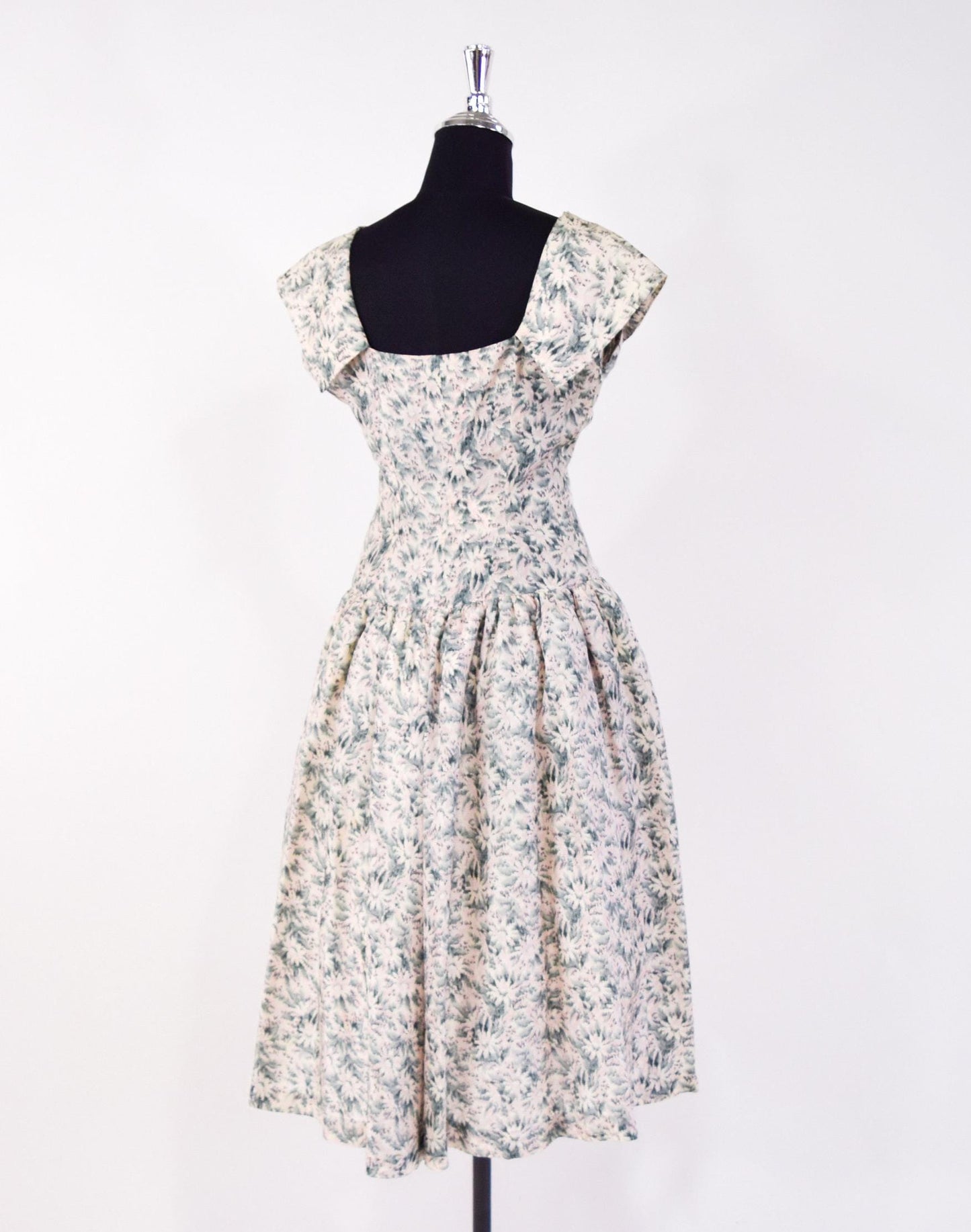 1950s Gray & Pink Floral Silk Party Dress, Medium