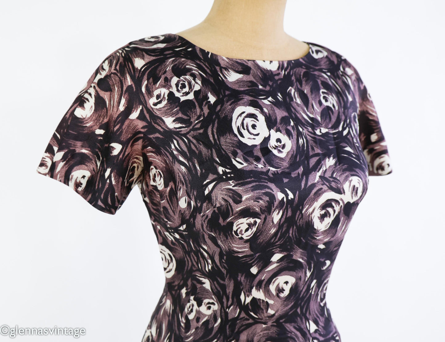 1950s Black & Gray Rose Print Dress, Small