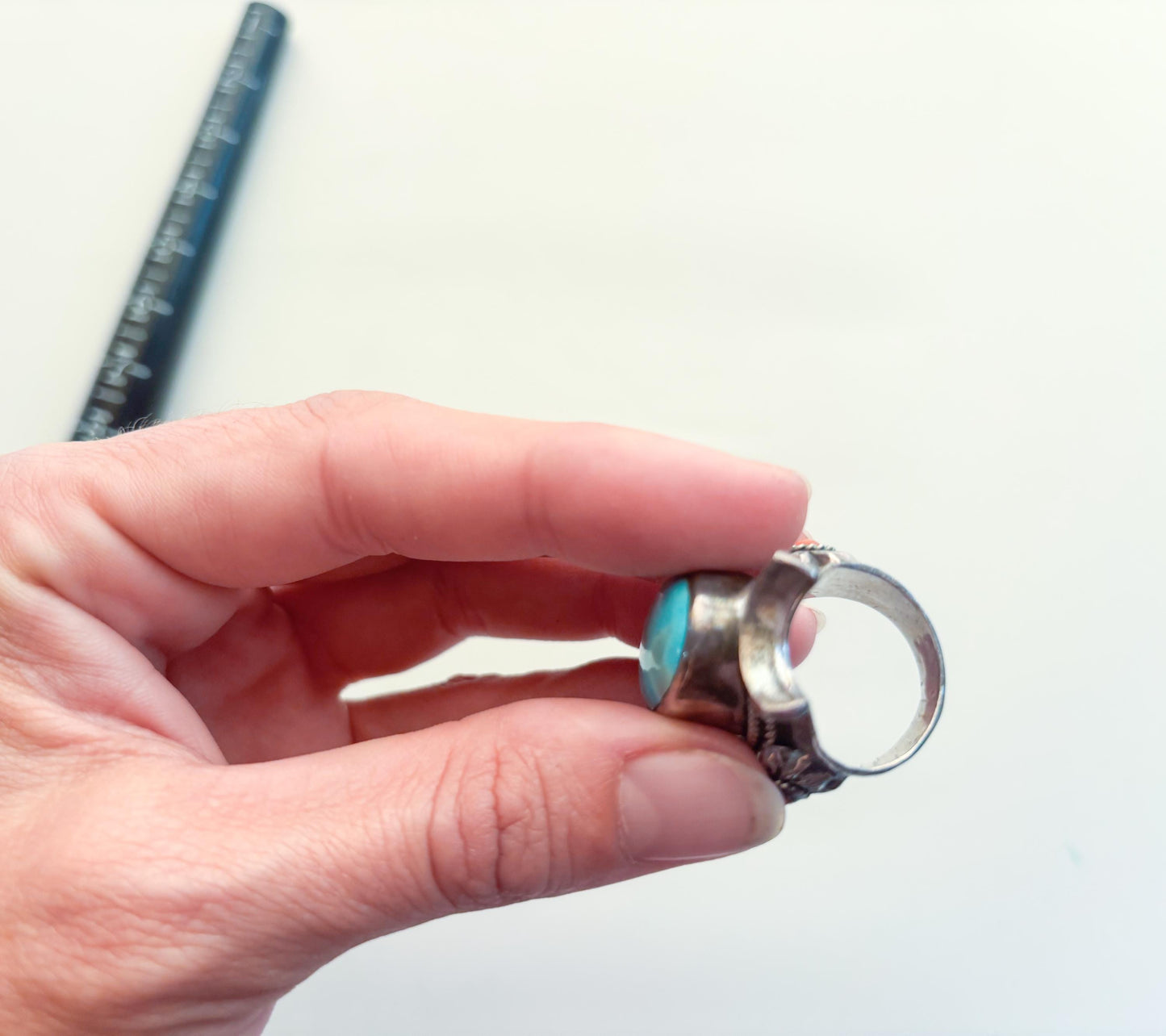 1940s Sterling Silver Turquoise Ring, Statement Large Silver Setting, Size 9