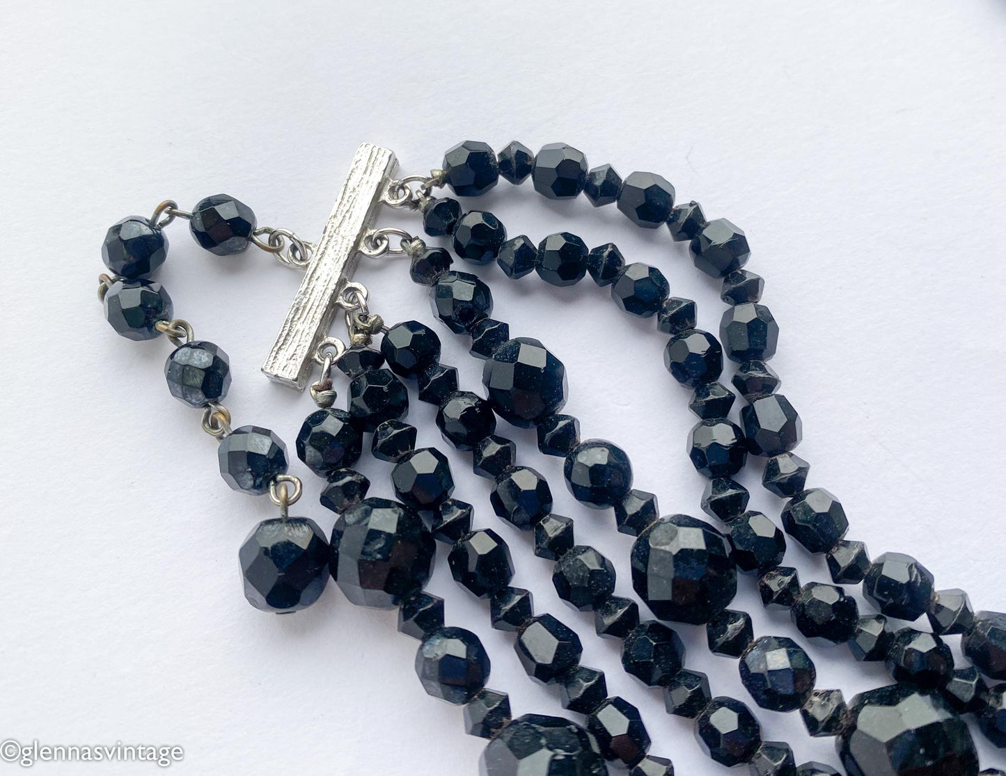 1950s Carnegie Black Crystal Beaded Necklace | 6-Strand Evening Jewelry