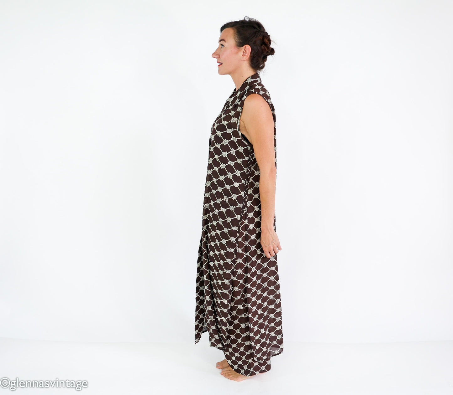 1990s Brown Print Dress & Pants | Sleeveless Dress Pant Set, Large