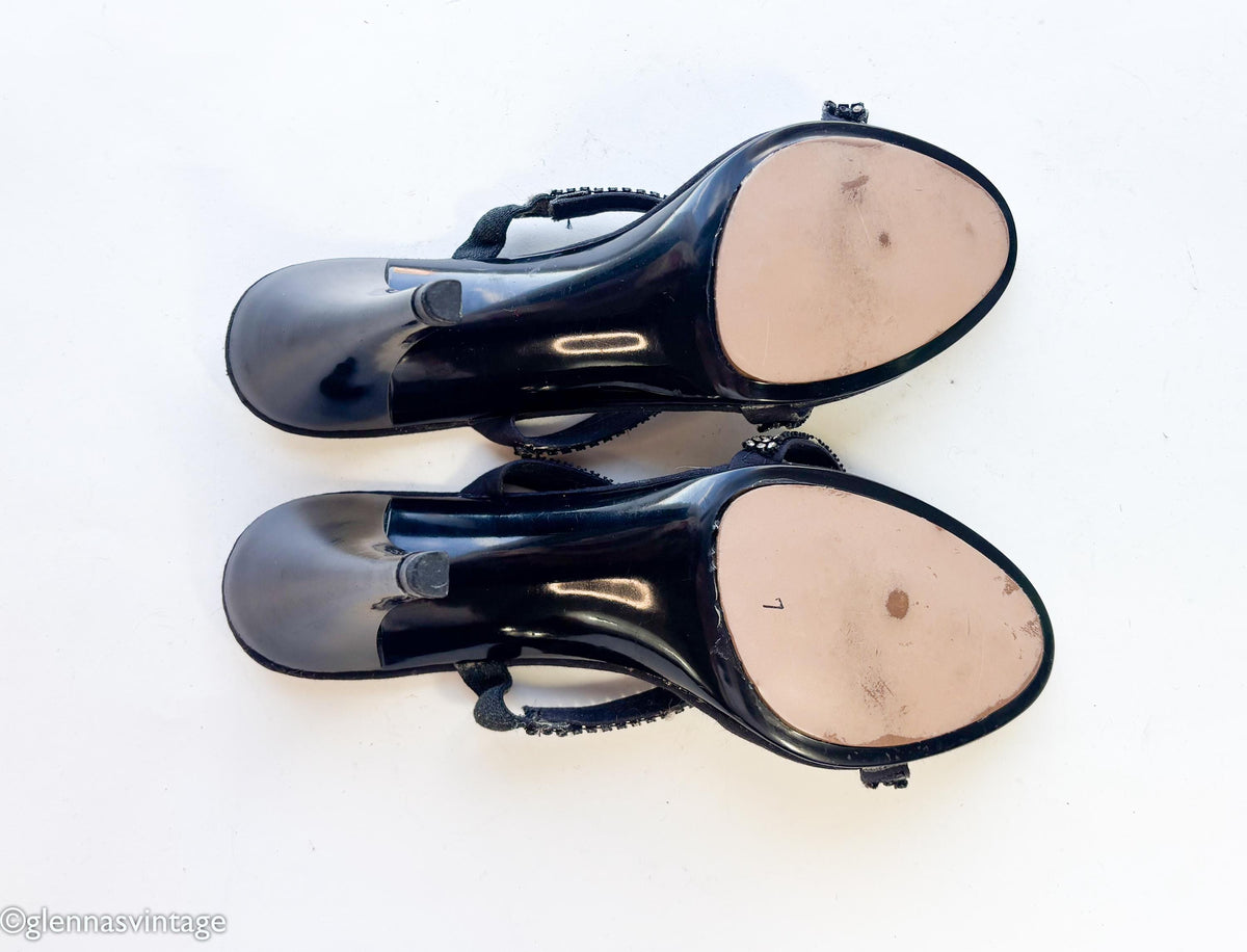 1950s Black Rhinestone Strappy Heels Sandals, US 8