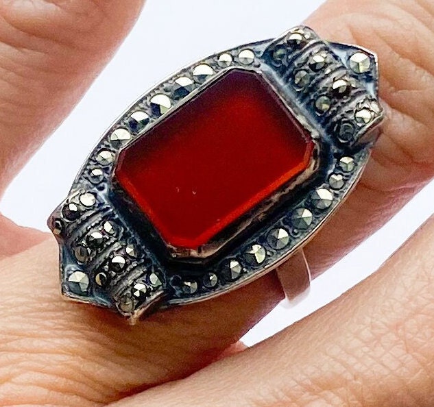 1940s Art Deco Carnelian Marcasite Sterling Silver Ring,Size 5 3/4