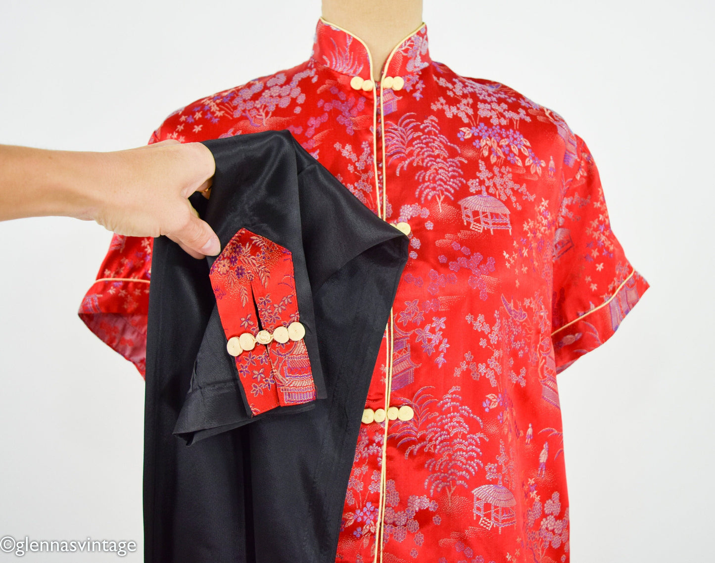 1950s Red Asian Design Pajama Set, Top & Pants Set, Large