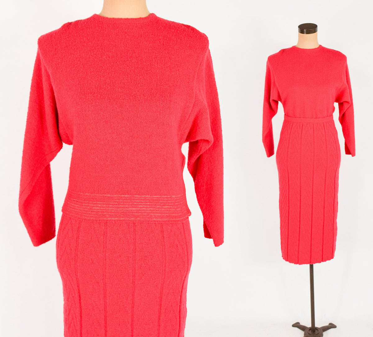 1940s Red Wool Sweater Set | 40s Woven Knit Sweater & Skirt  | KIMS | Medium