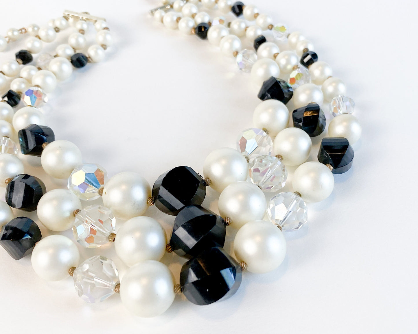 1950s Black & White Beaded Necklace | 50s Multi Strand Bead Necklace