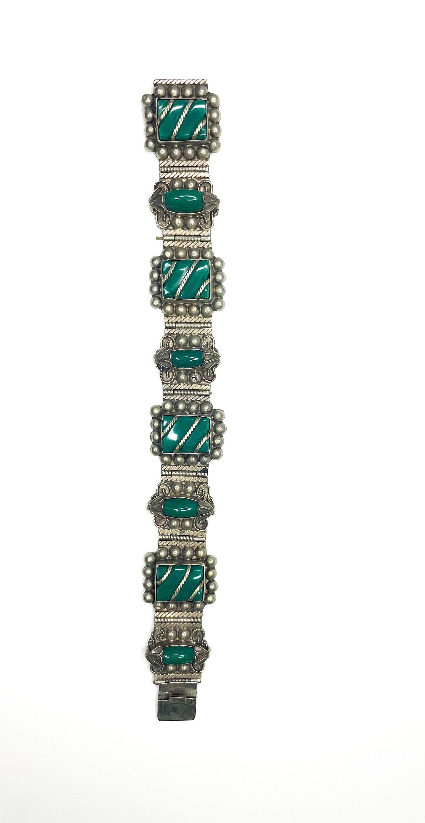 1940s Green Onyx Sterling Silver Bracelet | 40s Sterling Silver Bracelet | Mexico Silver Panel Bracelet