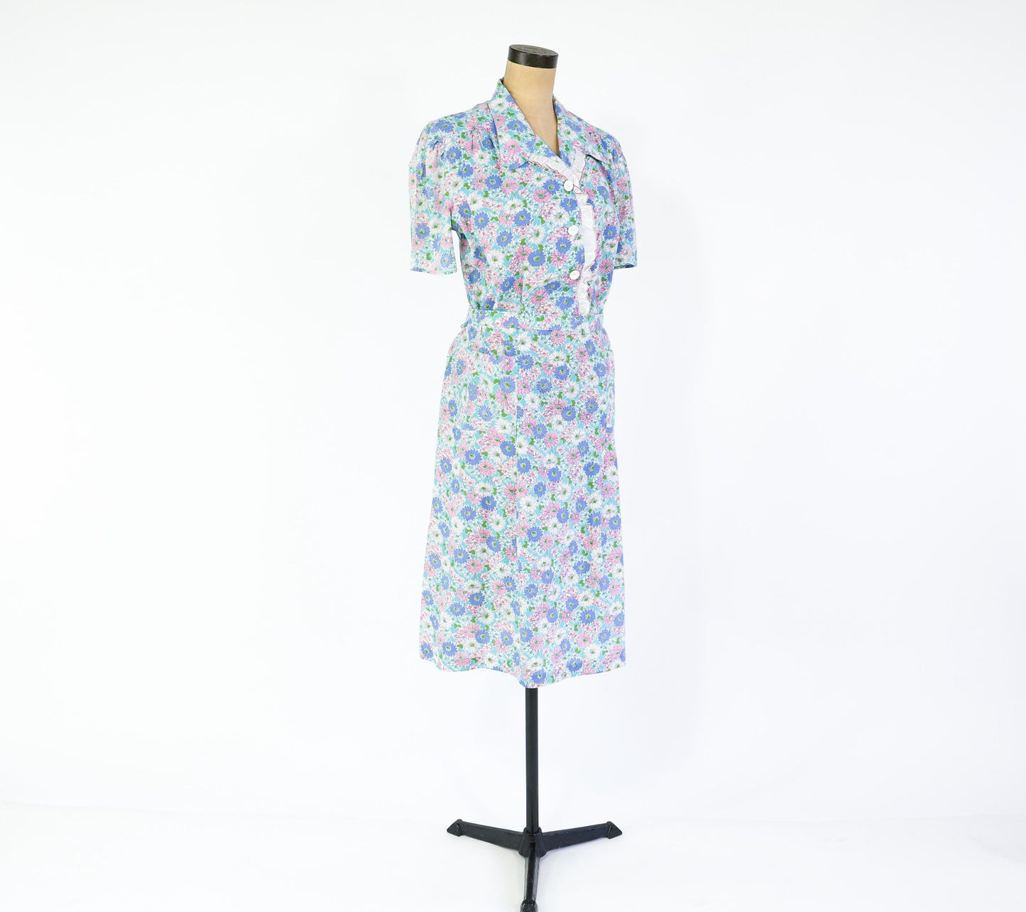 1940s Blue Pink Floral Cotton Day Dress, 40" Waist
