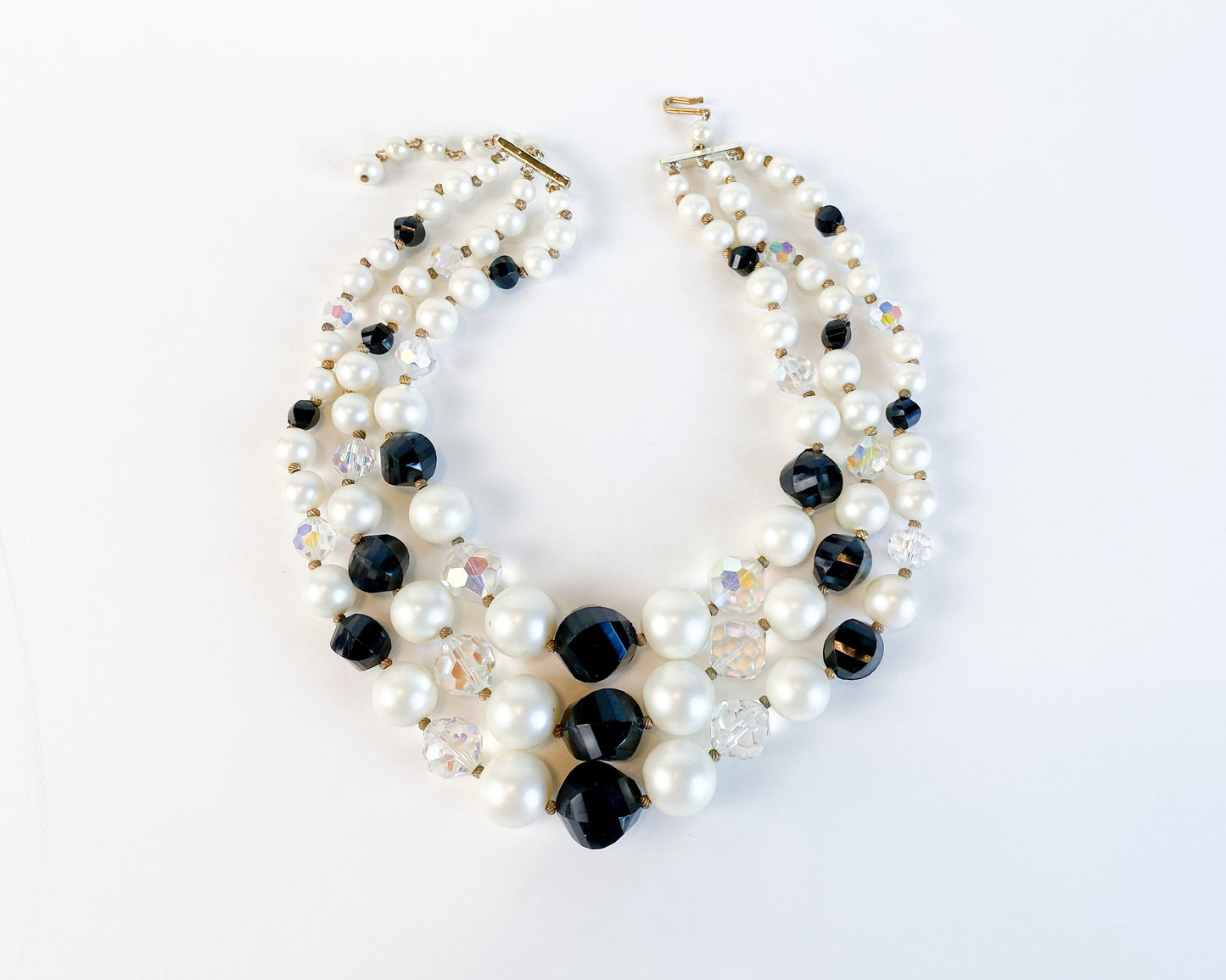 1950s Black & White Beaded Necklace | 50s Multi Strand Bead Necklace