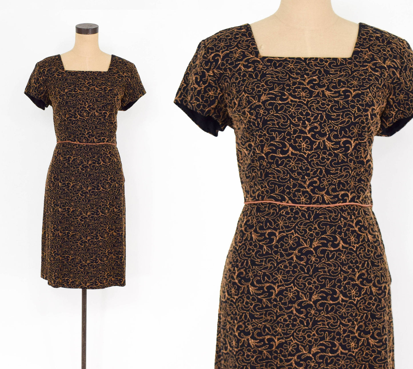 1940s Black & Brown Embroidered Cotton Dress, Large