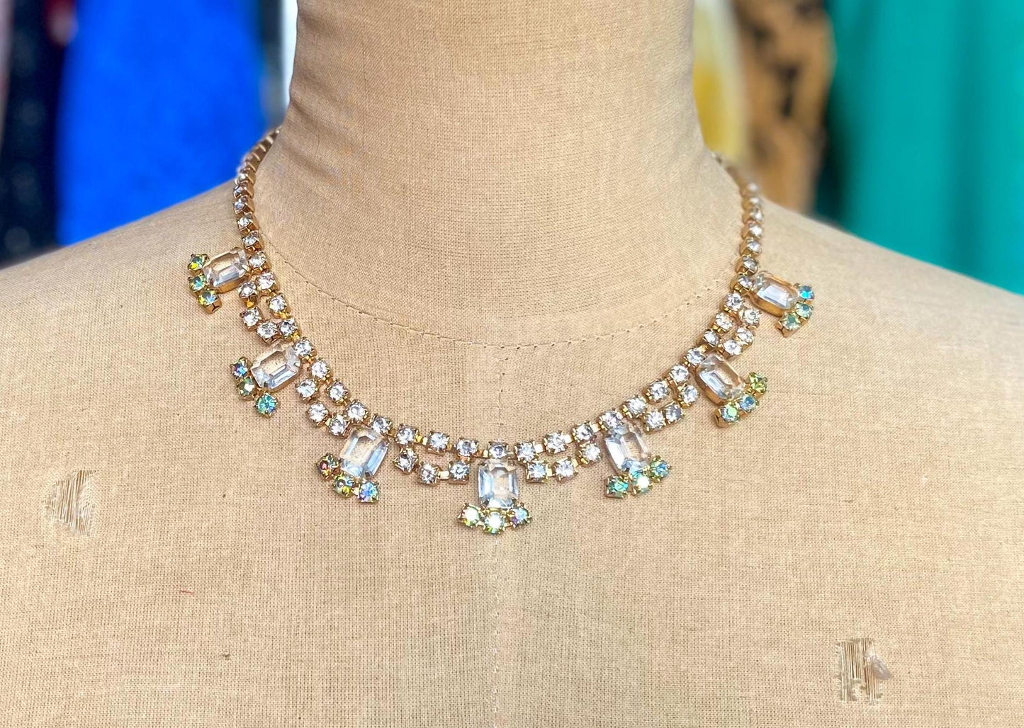 1950s Rhinestone Choker Necklace, Aurora Borealis Crystals