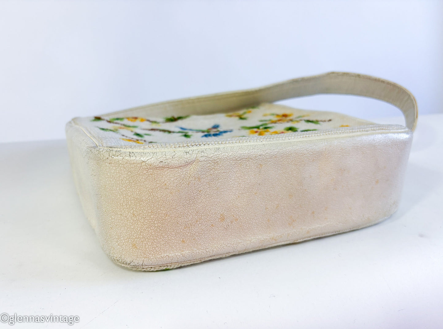 1960s Creme Needlepoint Shoulder Bag | 60s Beige Birds & Flowers Needlepoint Purse