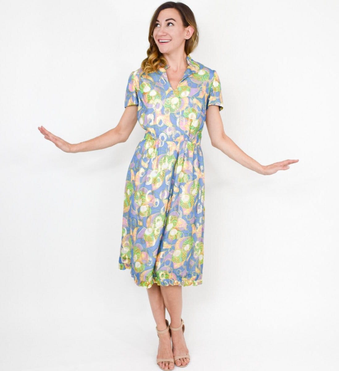 1960s Blue Floral Metallic Party Dress | 60s Blue Gold Metallic Lamé Dress | Jackie O | Medium