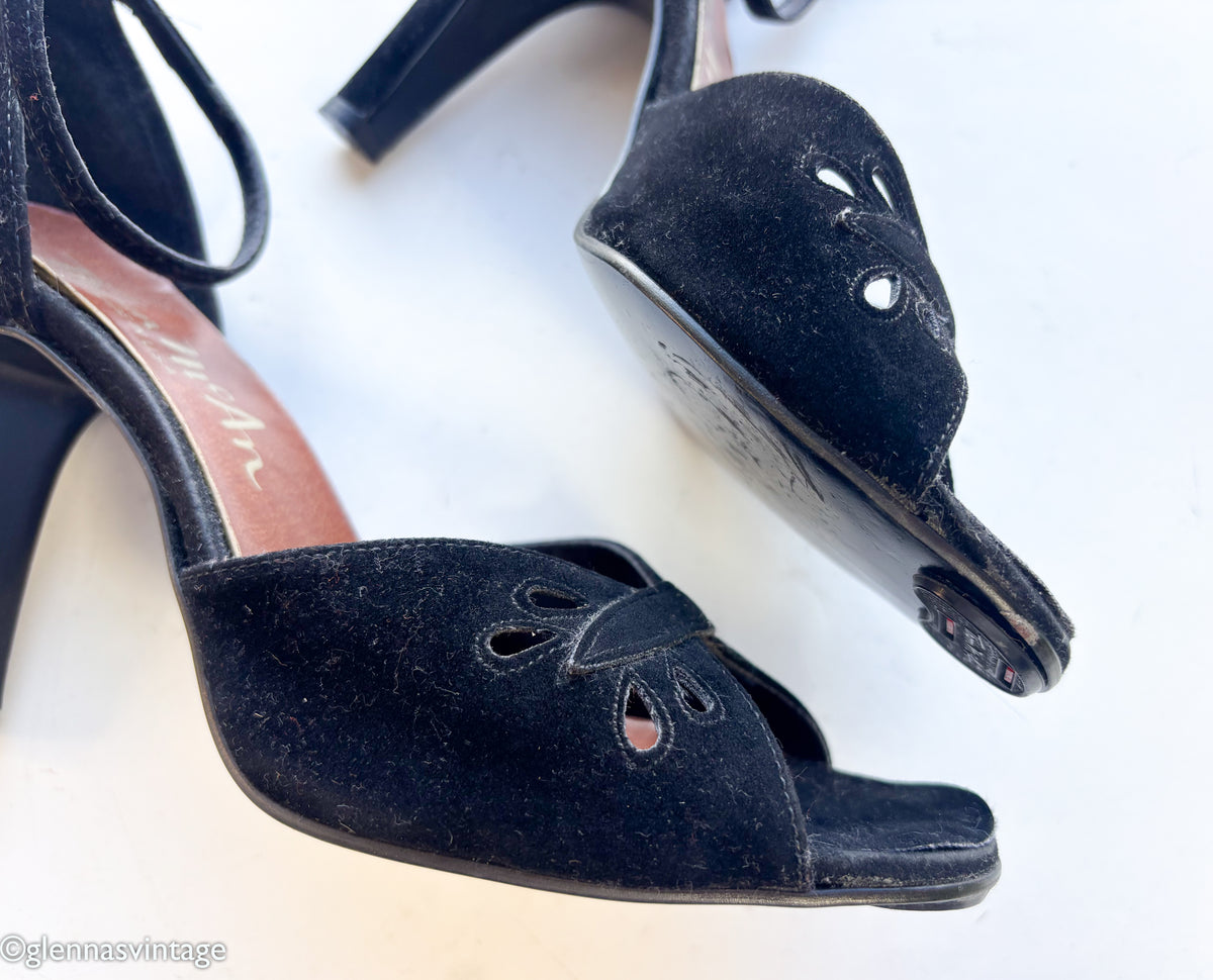 1960s Black Suede Peep Toe Heels | Vintage Black Strap High Heel Shoes, Thom McAn