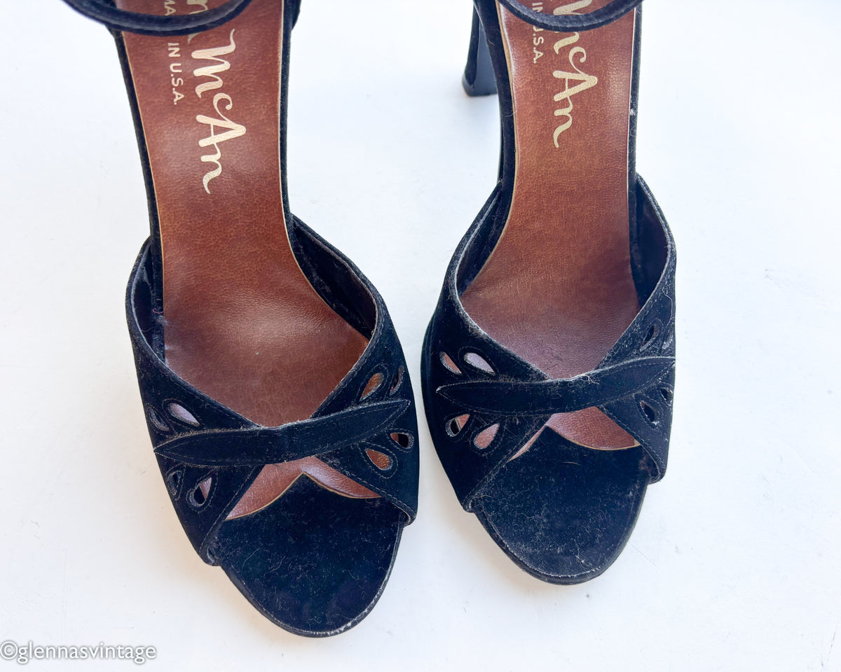 1960s Black Suede Peep Toe Heels | Vintage Black Strap High Heel Shoes, Thom McAn