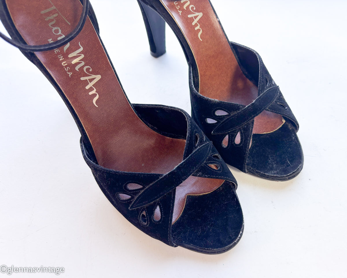 1960s Black Suede Peep Toe Heels | Vintage Black Strap High Heel Shoes, Thom McAn