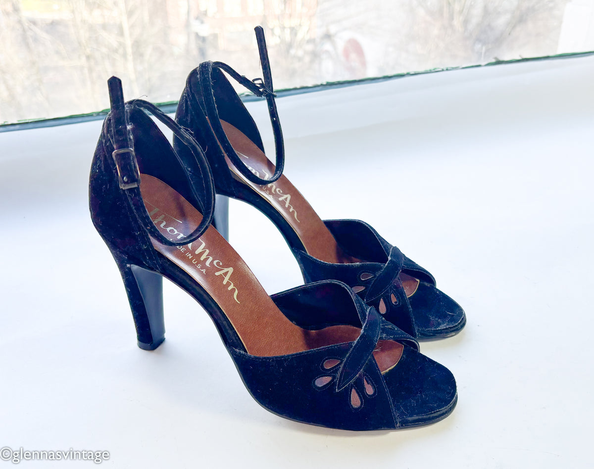 1960s Black Suede Peep Toe Heels | Vintage Black Strap High Heel Shoes, Thom McAn