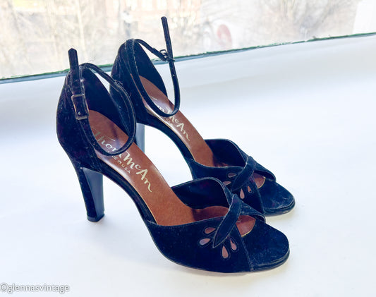 1960s Black Suede Peep Toe Heels | Vintage Black Strap High Heel Shoes, Thom McAn