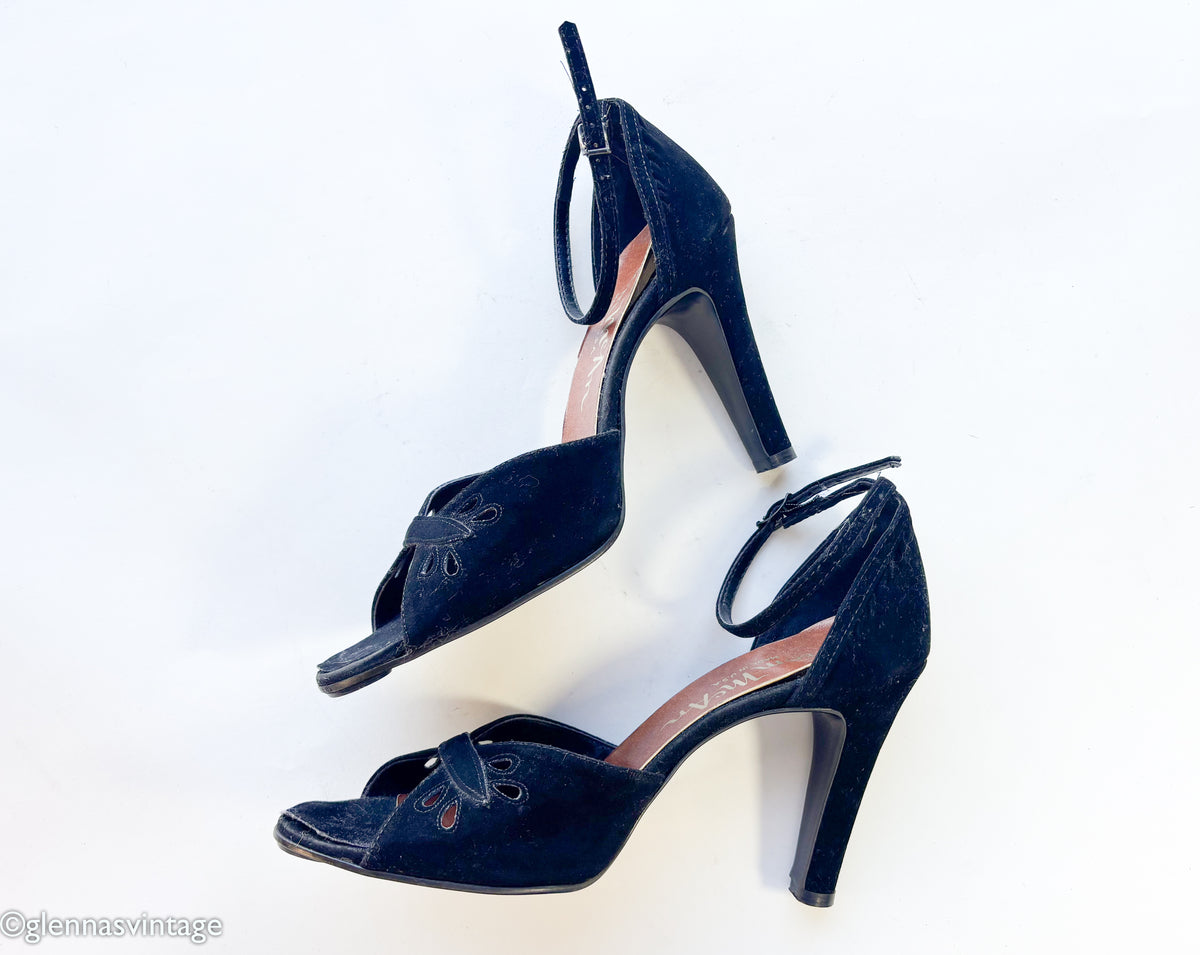 1960s Black Suede Peep Toe Heels | Vintage Black Strap High Heel Shoes, Thom McAn