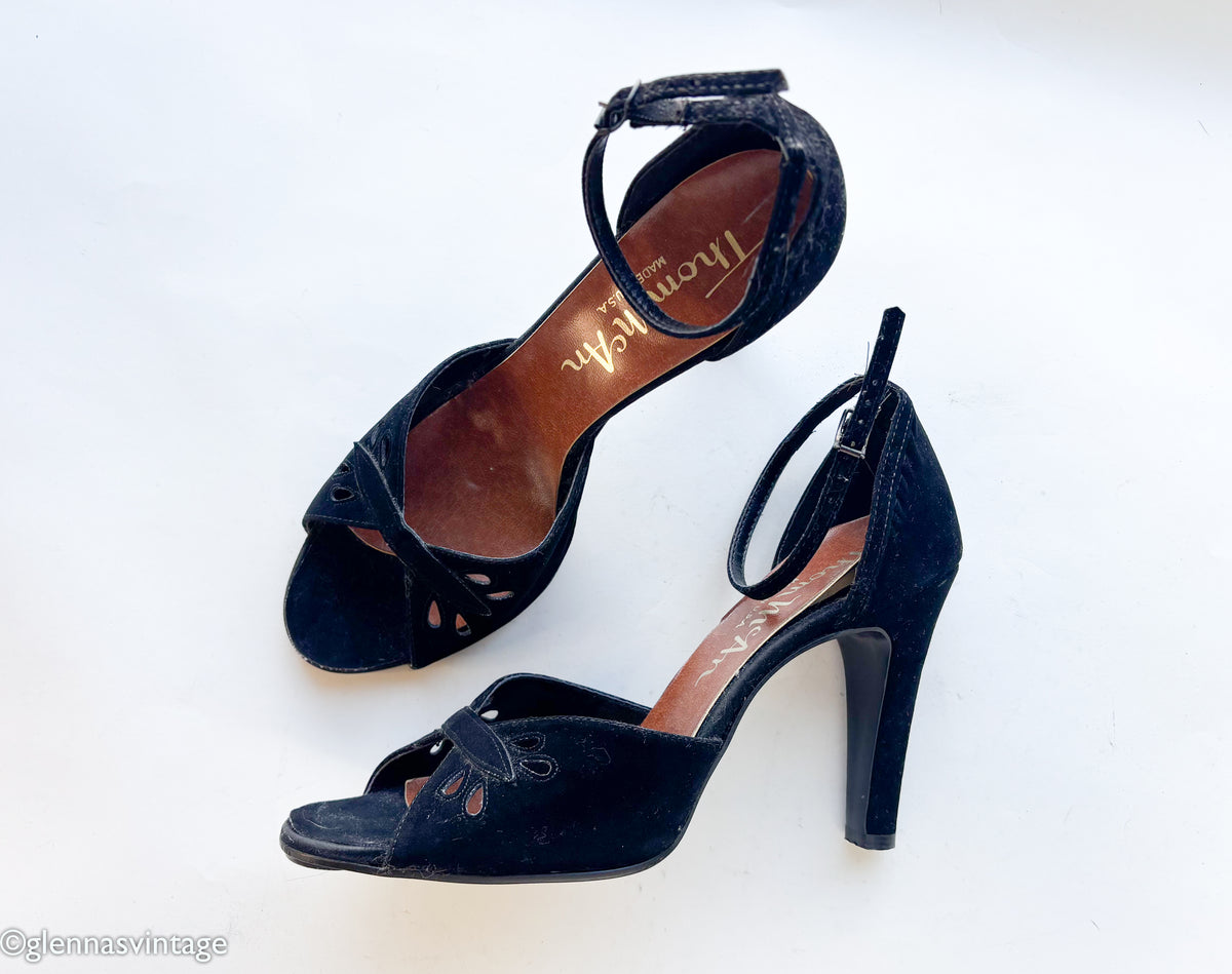1960s Black Suede Peep Toe Heels | Vintage Black Strap High Heel Shoes, Thom McAn