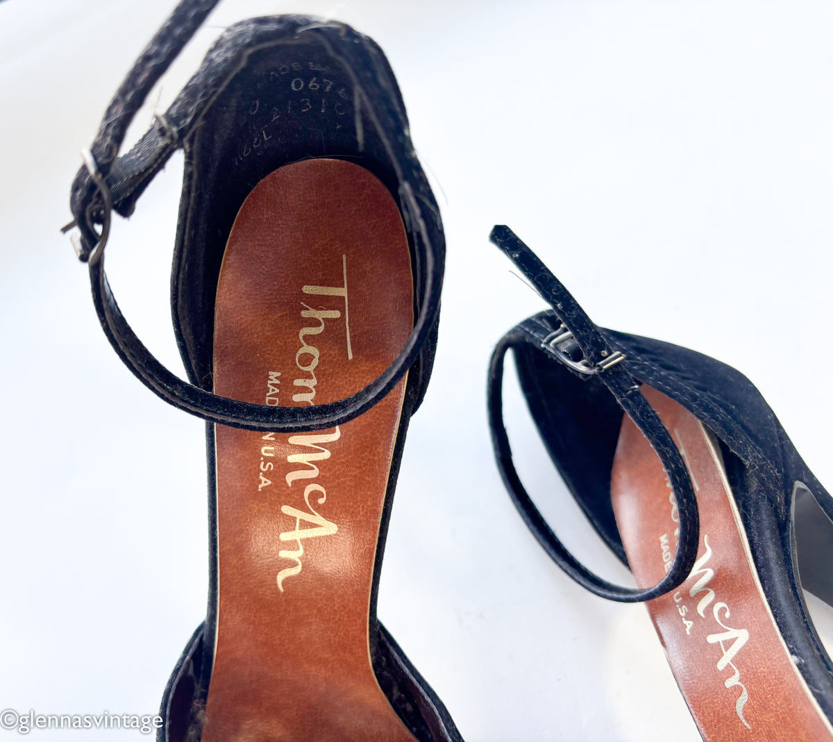 1960s Black Suede Peep Toe Heels | Vintage Black Strap High Heel Shoes, Thom McAn