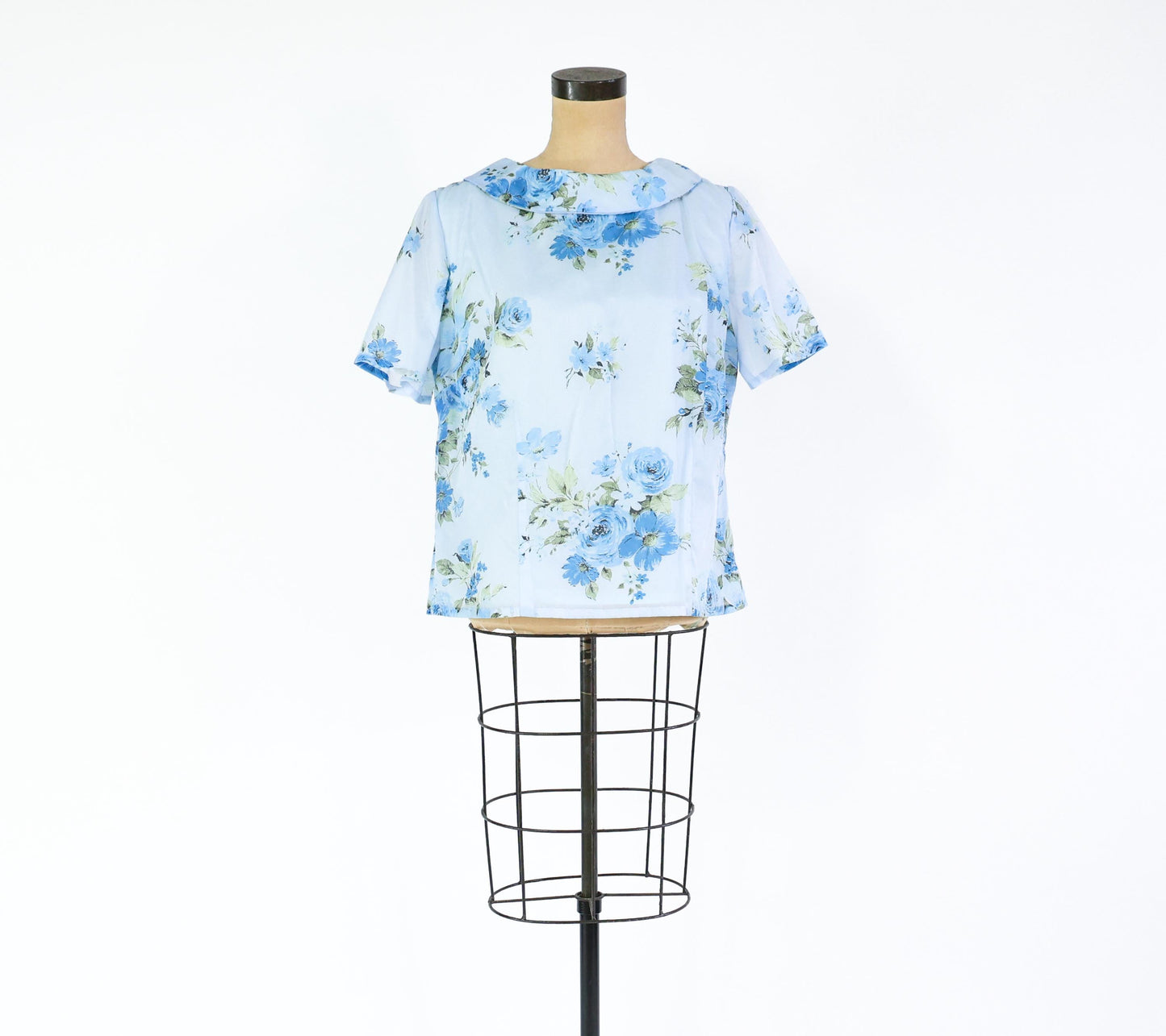 1960s Blue Floral Print Top, Extra Large, 42" Bust
