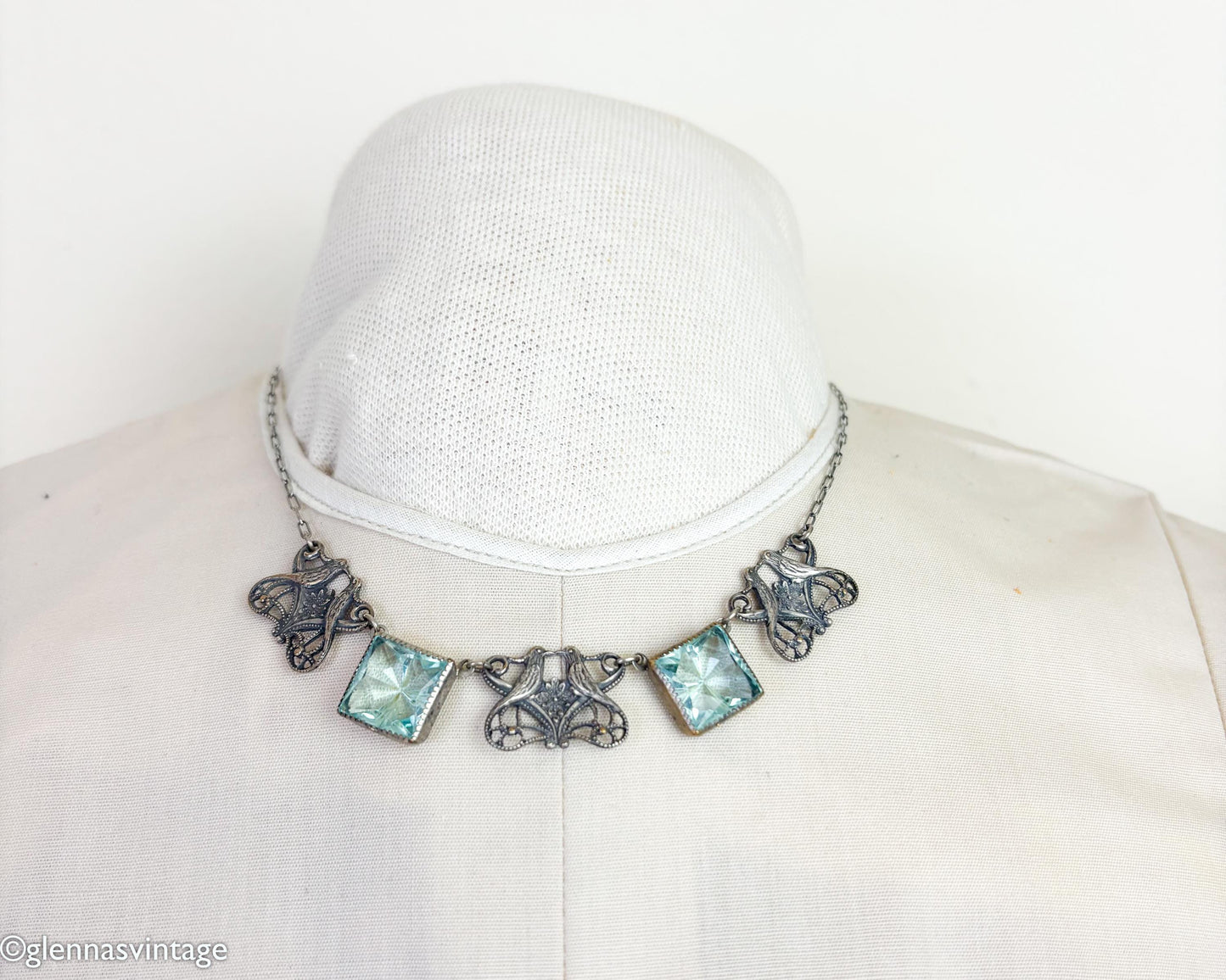 1900s Silver Glass Squares Choker Necklace