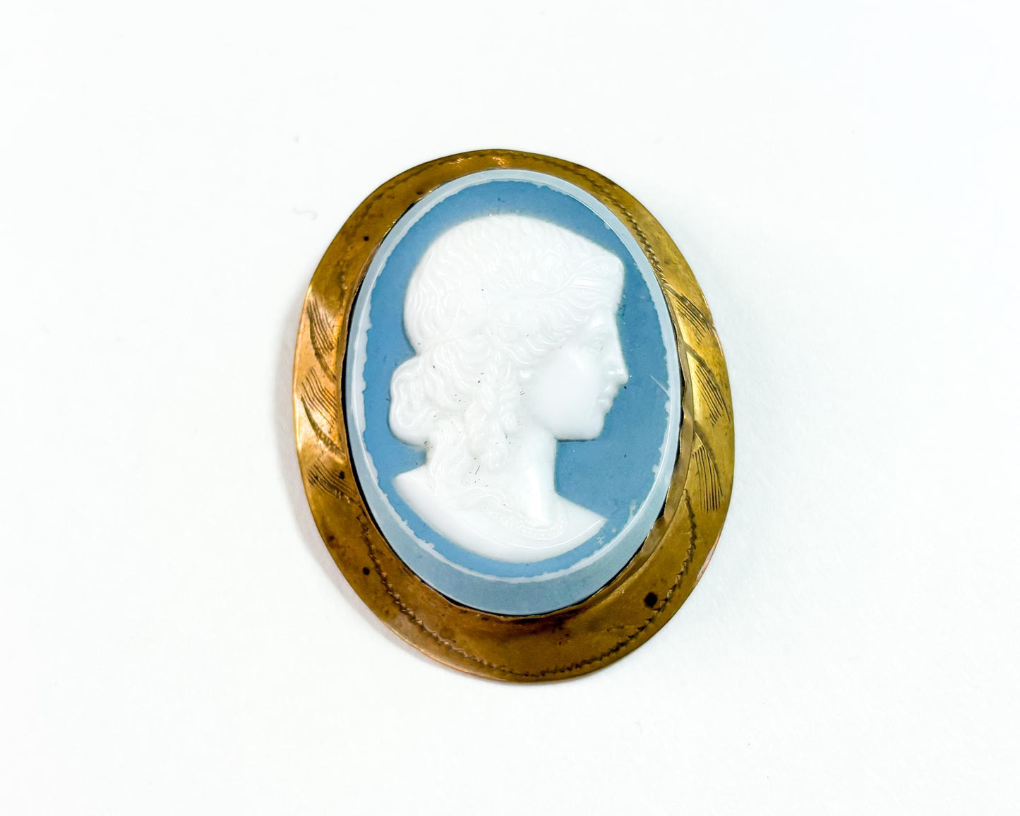 1930s Molded Glass Cameo with an Etched Brass Frame