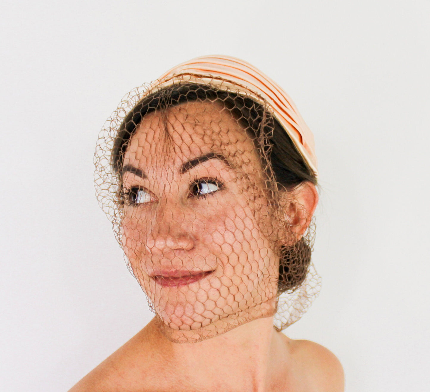 1950s Peach Satin Veil Hat, Bridal Hat
