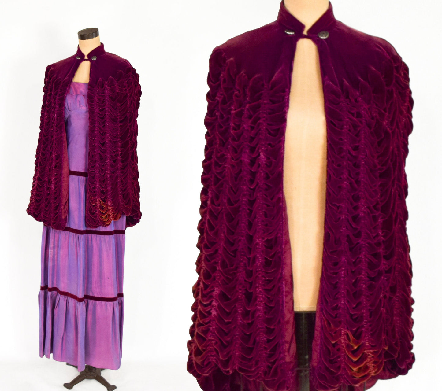 1900s Burgundy Silk Velvet Cape, One Size