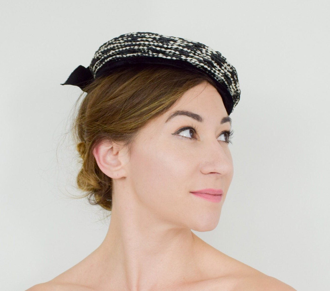 1950s Black & White Woven Straw Hat,  Fascinator with Velvet Bow