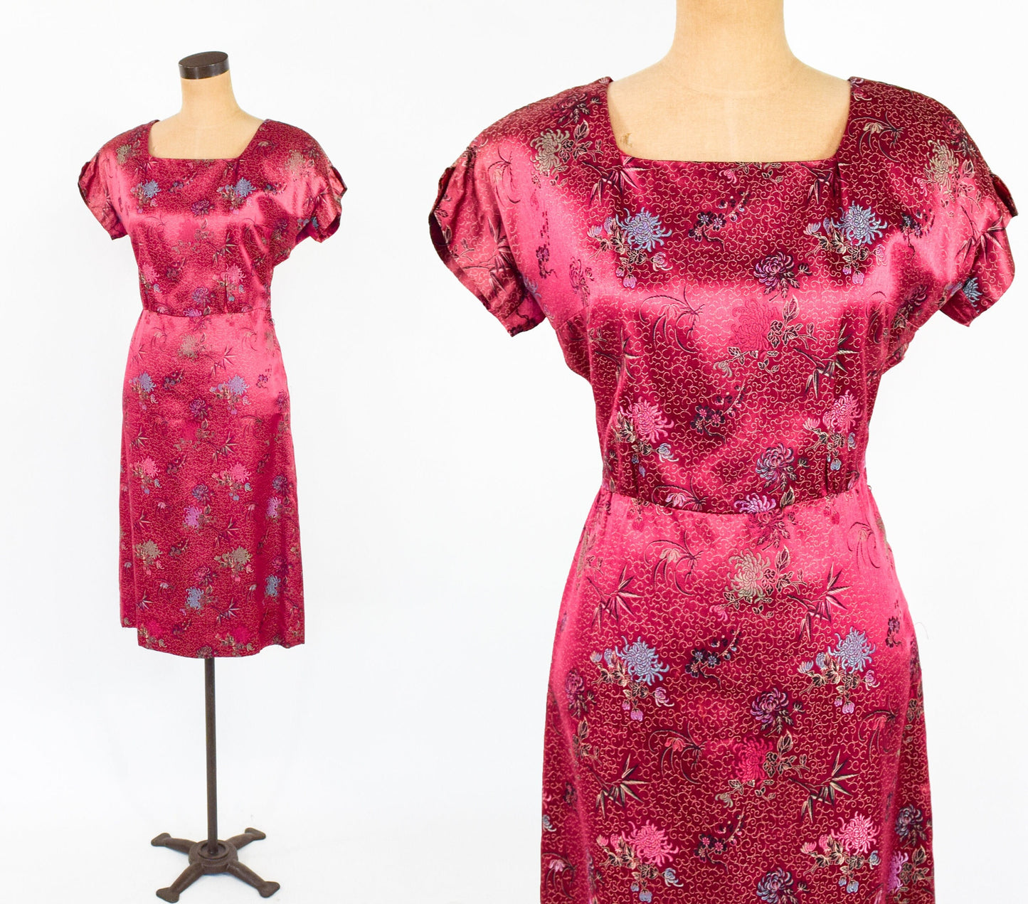 1950s Vintage Cranberry Silk Brocade Sheath | Red Party Dress, M/L