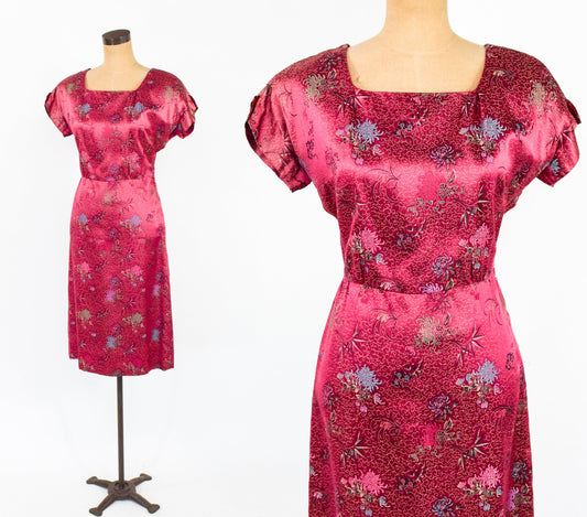 1950s Vintage Cranberry Silk Brocade Sheath | Red Party Dress, M/L