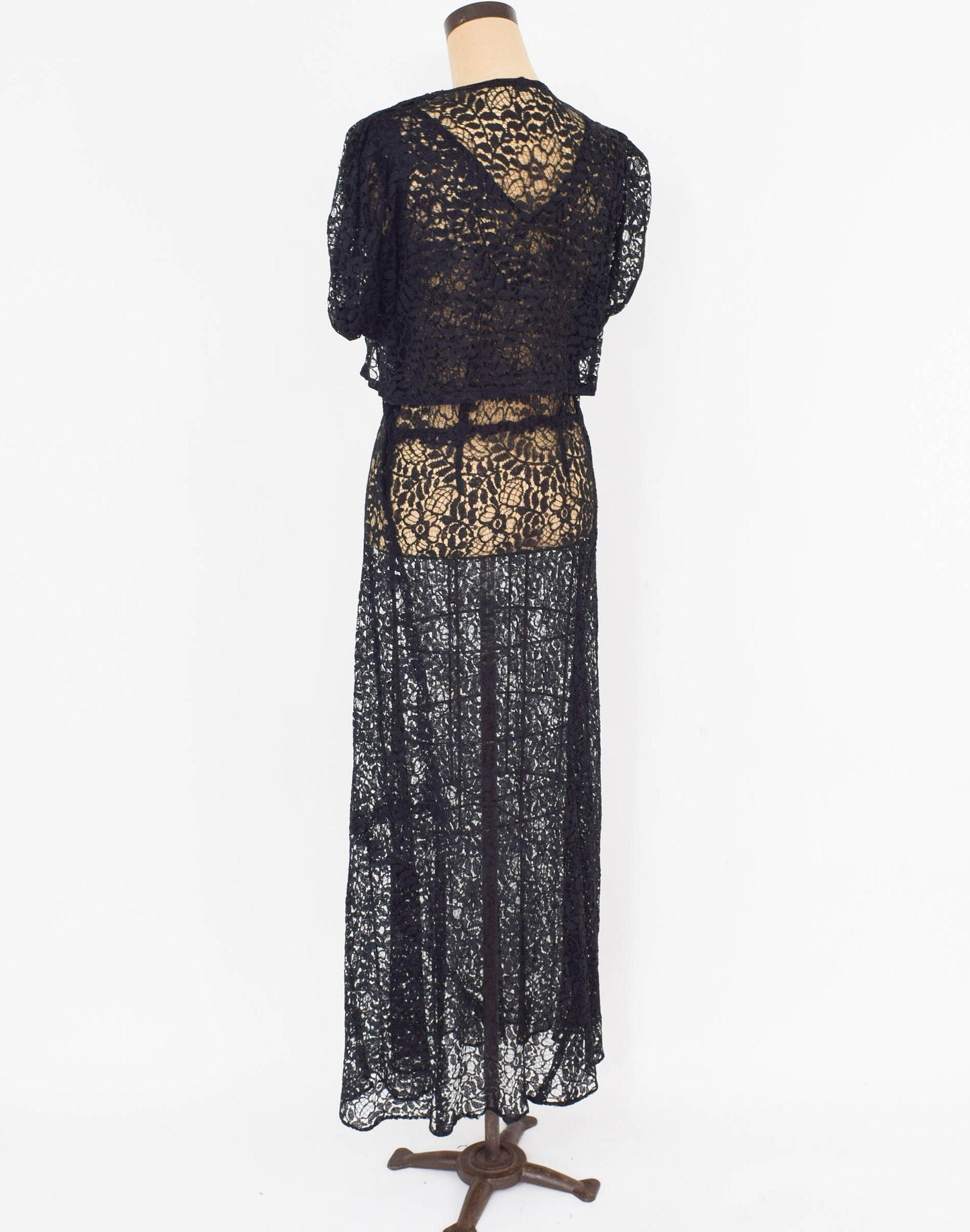1930s Black Lace Evening Dress & Bolero Jacket Set, Large