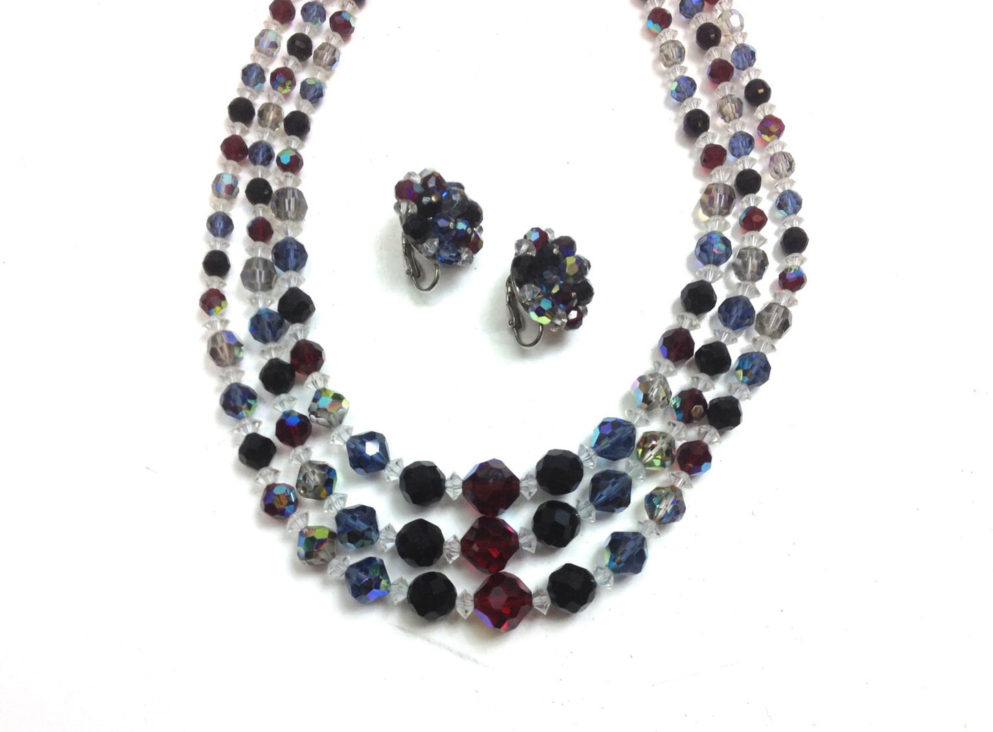 1950s Red & Black Crystal Necklace Earring Set | Crystal Glass Choker Earrings