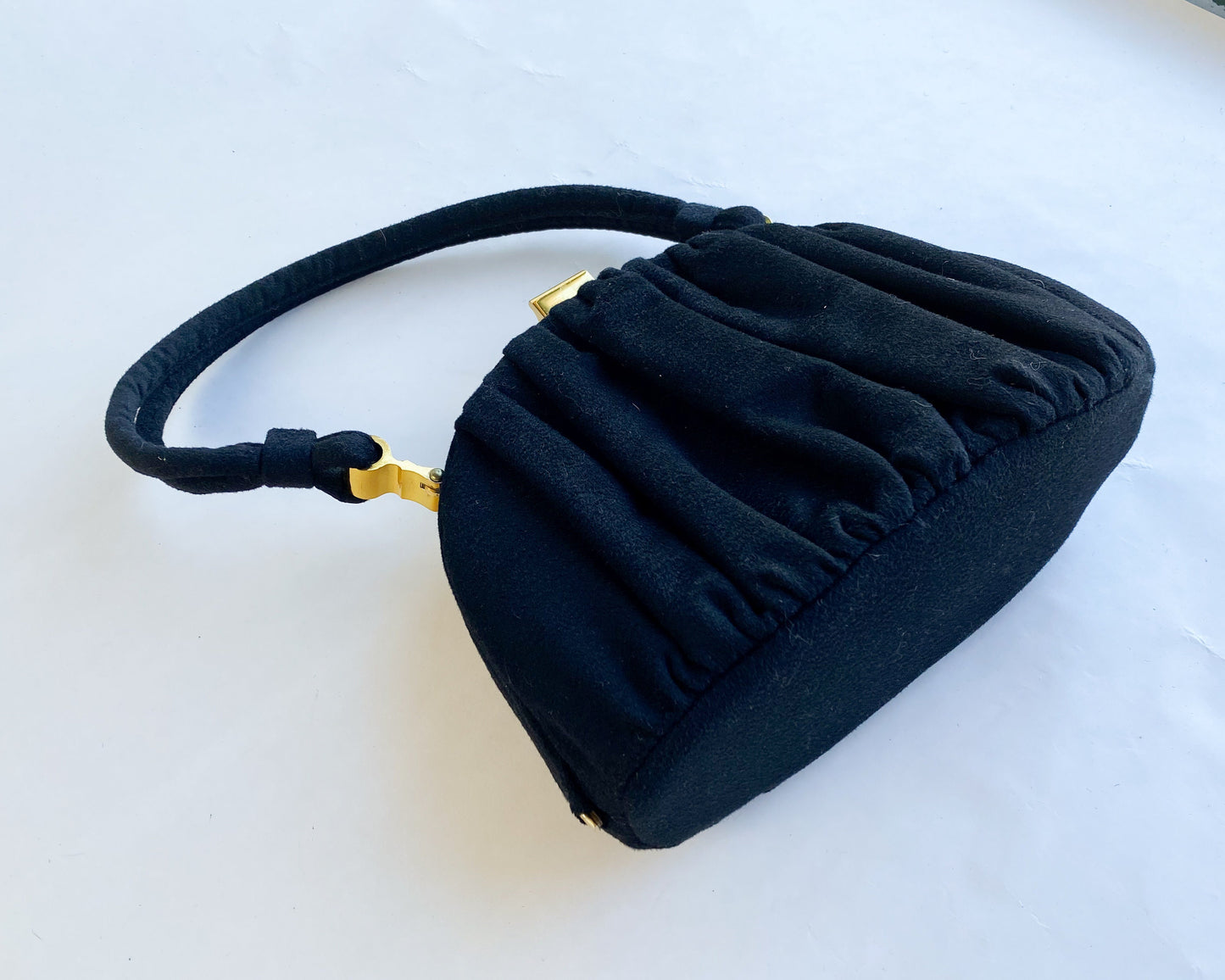1940s Black Wool Handbag | 40s Black Gathered Wool Purse