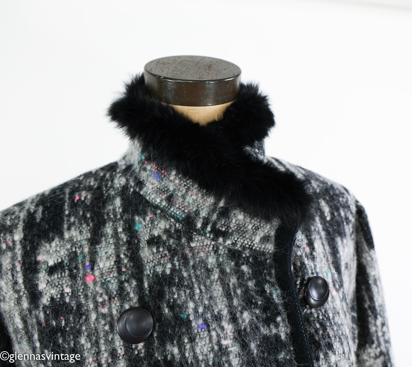 1980s Gray Wool Winter Coat with Fur Trim, Extra Large, 46" Bust
