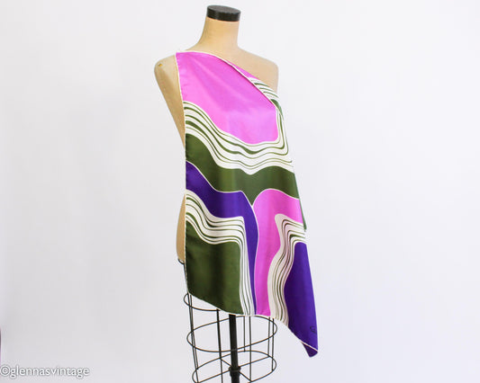 1980s Purple Green Pink Abstract Print Silk Scarf