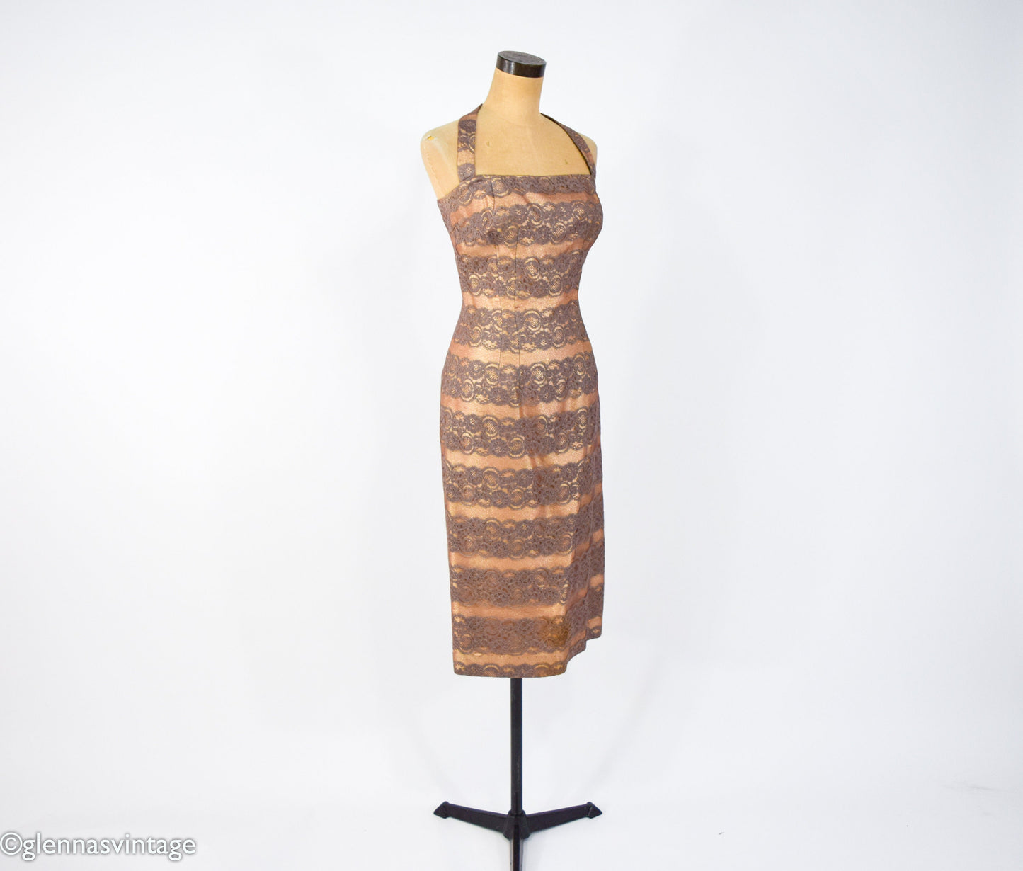 1950s Gold Lame & Brown Lace Sheath, Small
